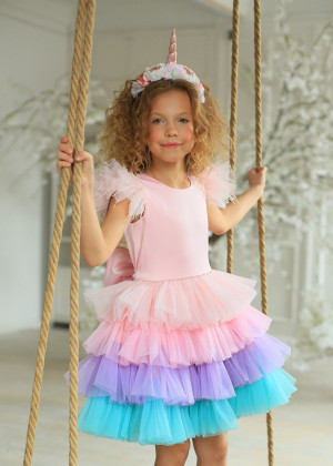 Multicolor Satin Tulle Unicorn Flower Girl Dress